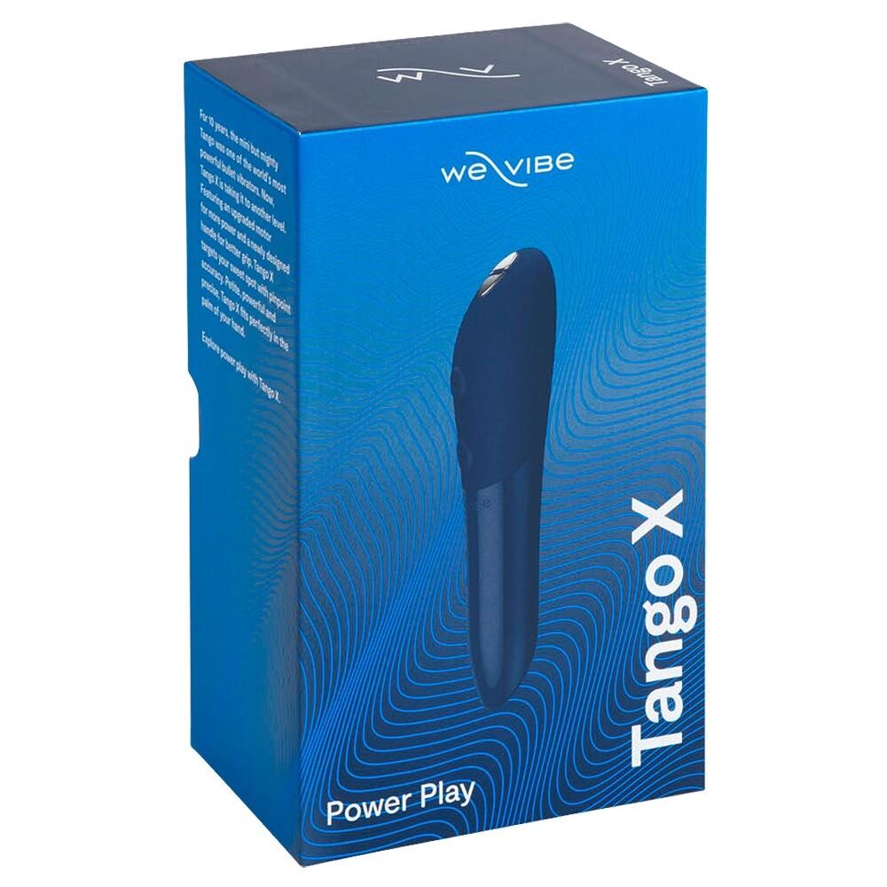 Blå We-Vibe Tango X klitorisvibrator i sin emballasje, med produktnavn og logo.