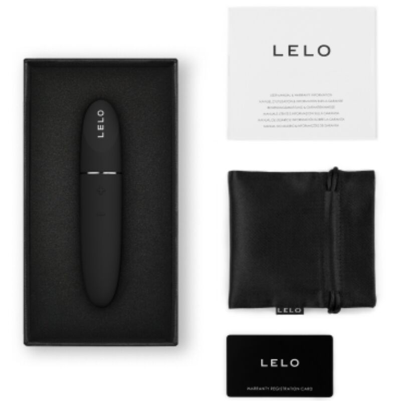 LELO Mia 3 svart klitorisvibrator i eske med tilbehør: pose, manual og garantikort.