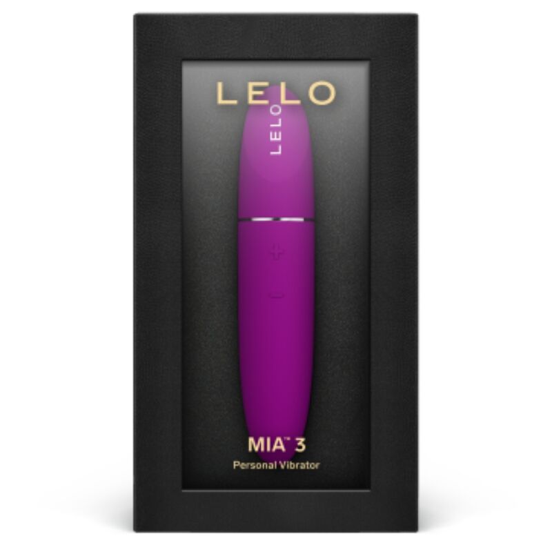 LELO Mia 3 klitorisvibrator i elegant purpur, vist i svart eske med LELO-logo.