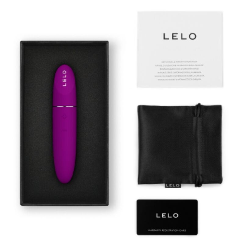 LELO Mia 3 purpur klitorisvibrator i eske med tilbehør; svart pose, manual og garantikort.