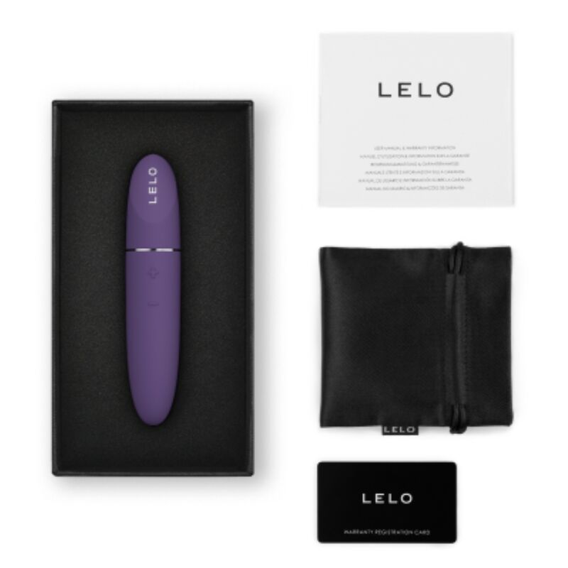 LELO Mia 3 klitorisvibrator i lilla, med ladeetui, bruksanvisning og oppbevaringspose.