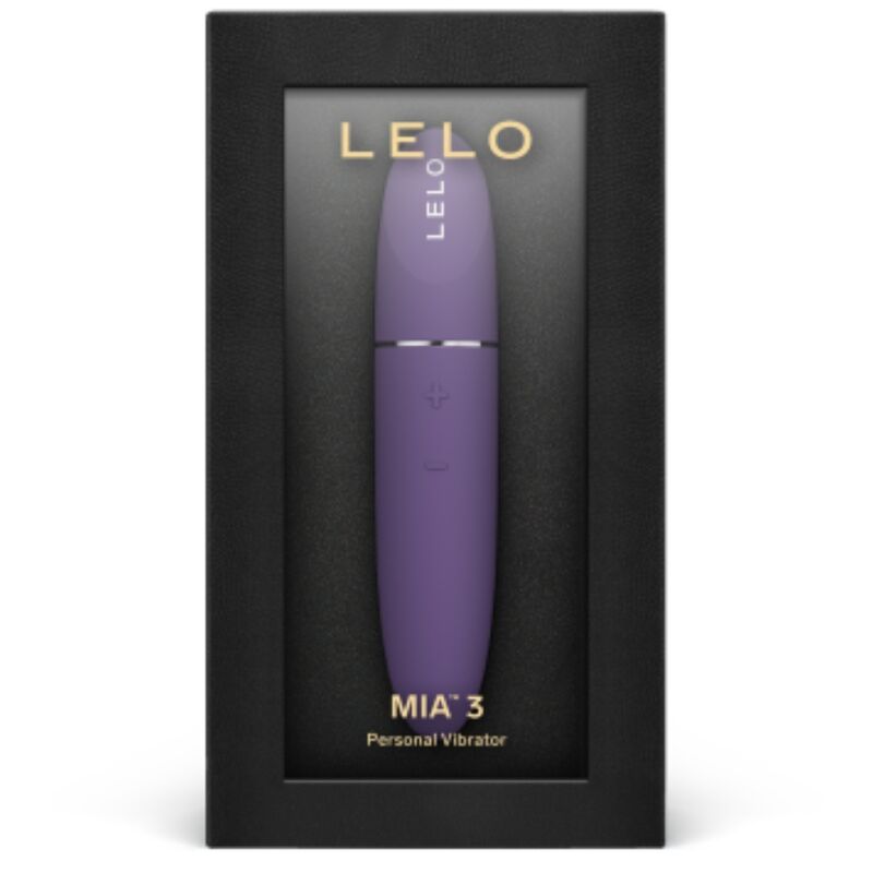 LELO Mia 3 klitorisvibrator i lilla, vist i en svart eske med LELO-logo.