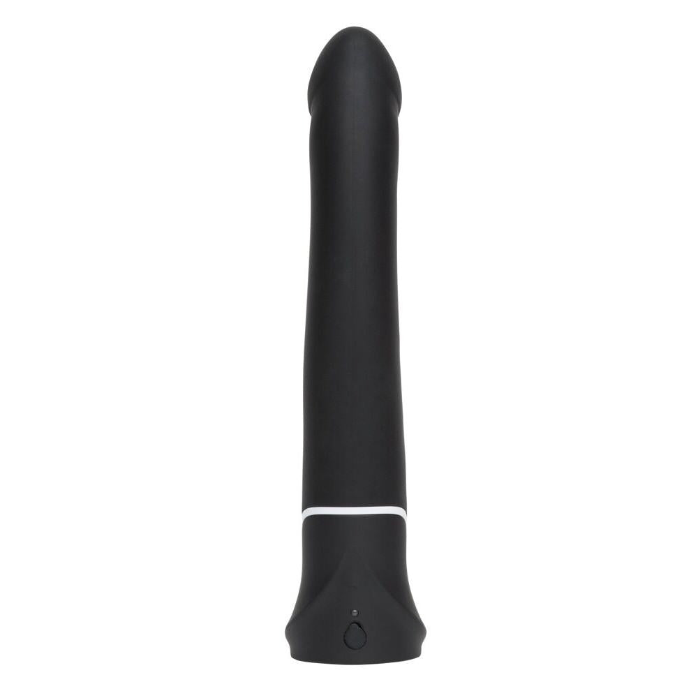 Svart, realistisk Happy Rabbit vibrator i silikon med buet hode og hvit detalj.