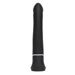 Svart, realistisk Happy Rabbit vibrator i silikon med buet hode og hvit detalj.