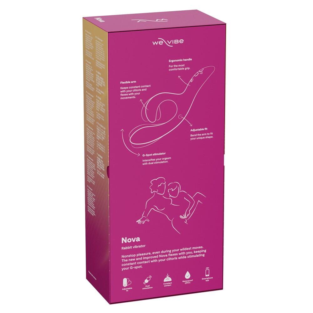 We-Vibe Nova 2 rabbitvibrator i lilla emballasje med produkttegning og funksjonsbeskrivelser.
