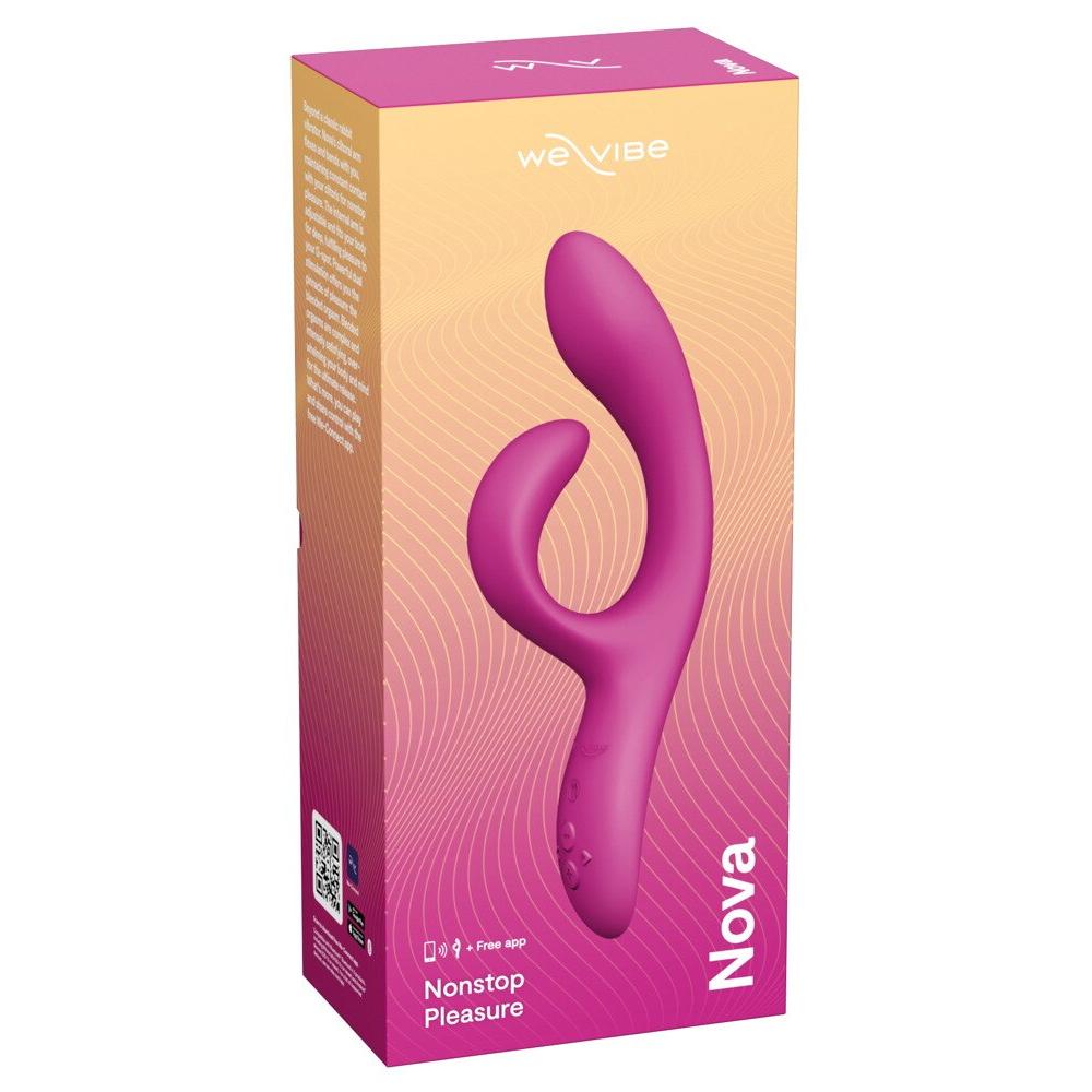 We-Vibe Nova 2 rabbitvibrator i lilla silikon med fleksibel design, vist i rosa og oransje emballasje.