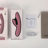 SVAKOM Trysta Neo rabbitvibrator i rosa silikon med G-punkt massasjekule, eske og tilbehør.