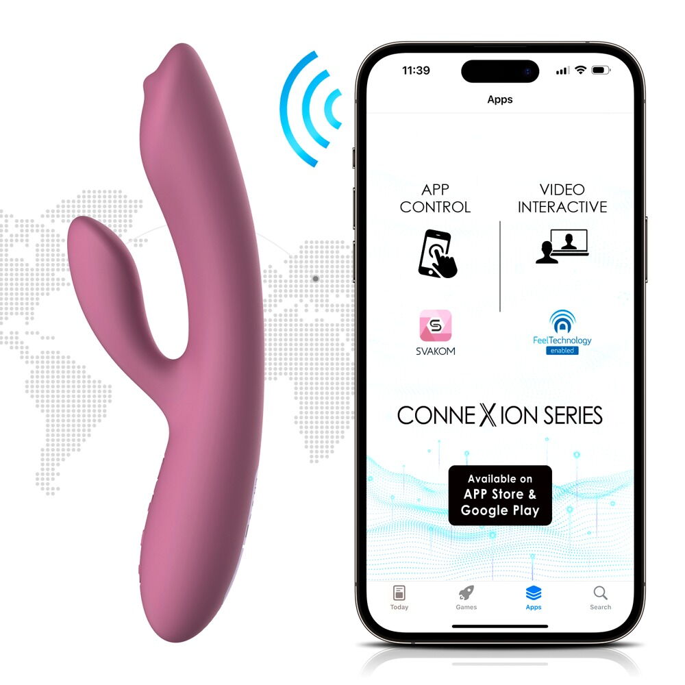 Trysta Neo rabbitvibrator i rosa silikon med appstyring og G-punkt massasjekule, vist med mobilskjerm.