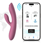 Trysta Neo rabbitvibrator i rosa silikon med appstyring og G-punkt massasjekule, vist med mobilskjerm.