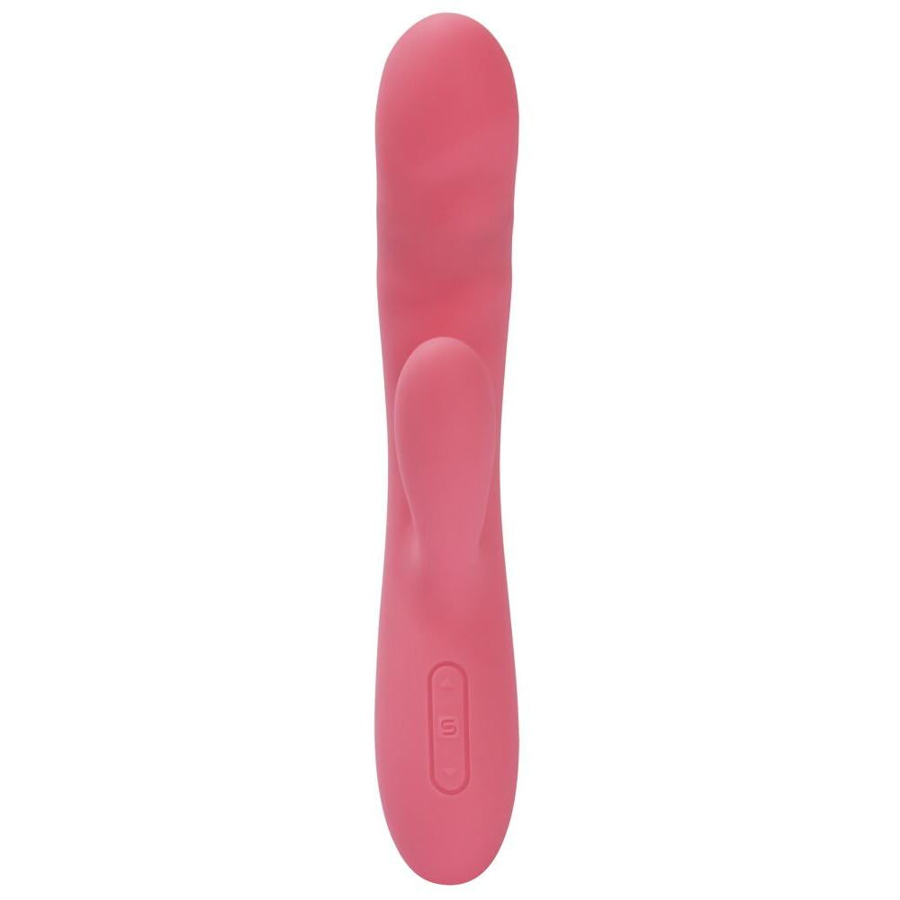 Rosa Avery rabbitvibrator fra SVAKOM i silkemyk silikon med støtfunksjon og kontrollknapper.