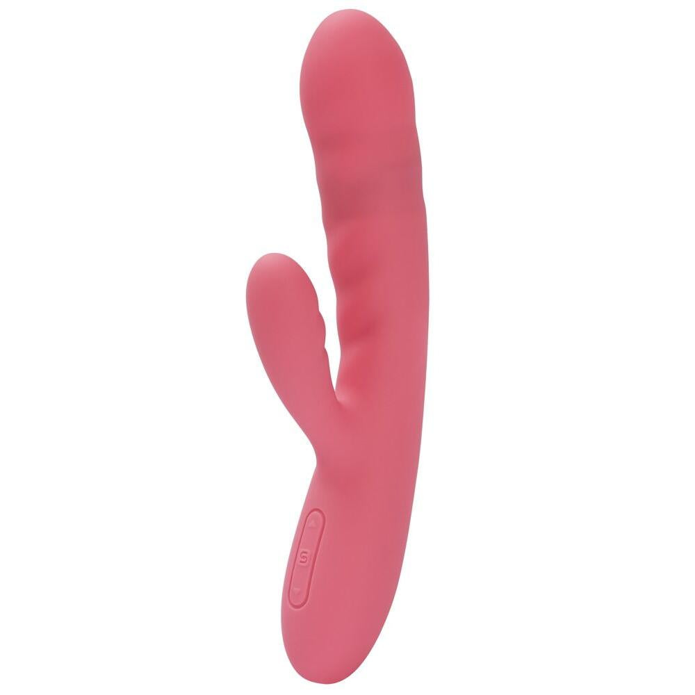 Rosa silikon rabbitvibrator med buet design og kontrollknapper.