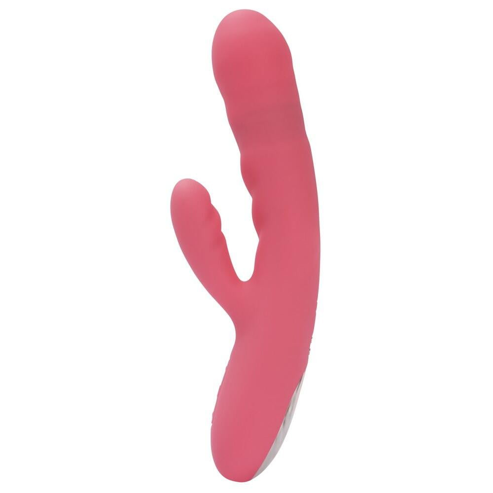 Rosa silikon rabbitvibrator med buet design og støtfunksjon for dobbel stimulering.