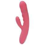 Rosa silikon rabbitvibrator med buet design og støtfunksjon for dobbel stimulering.