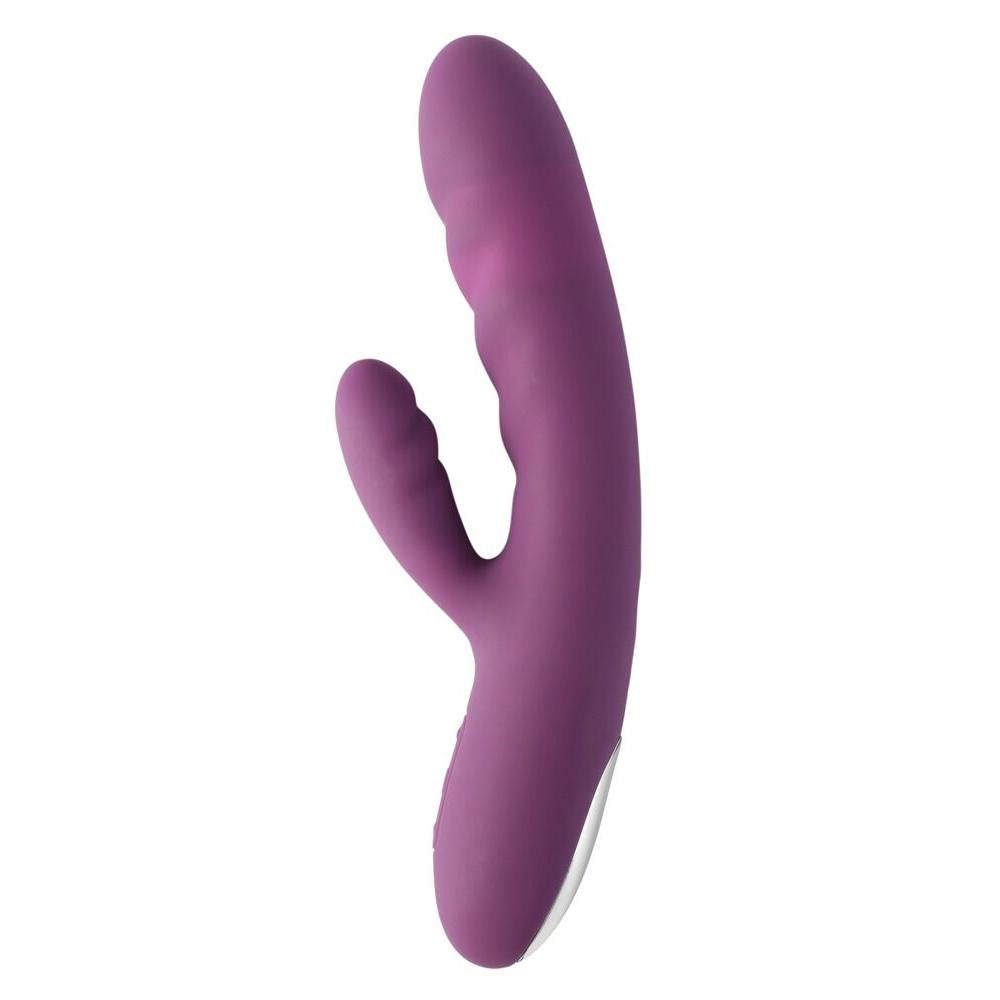 Dyp lilla Avery rabbitvibrator i silkemyk silikon med buet design og sølvfarget base.