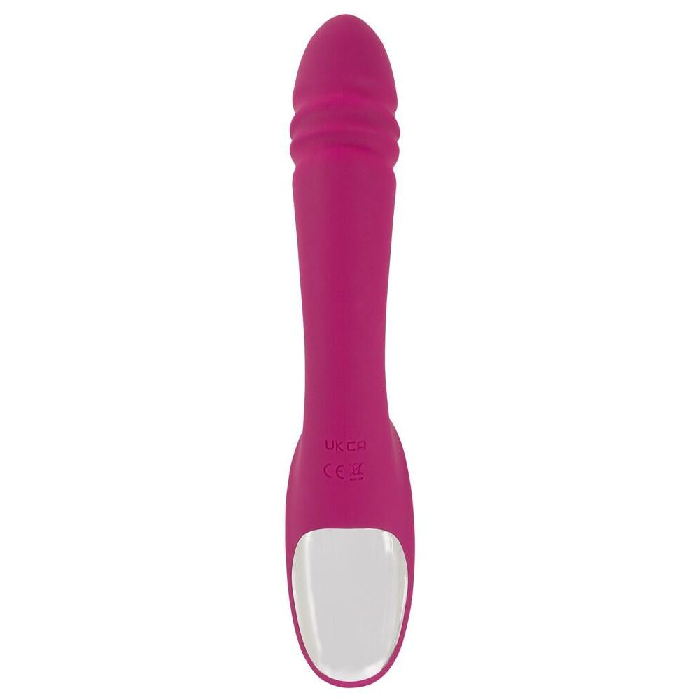 Fuchsia silikon rabbitvibrator med støtfunksjon, glatt skaft og hvit kontrollbase.