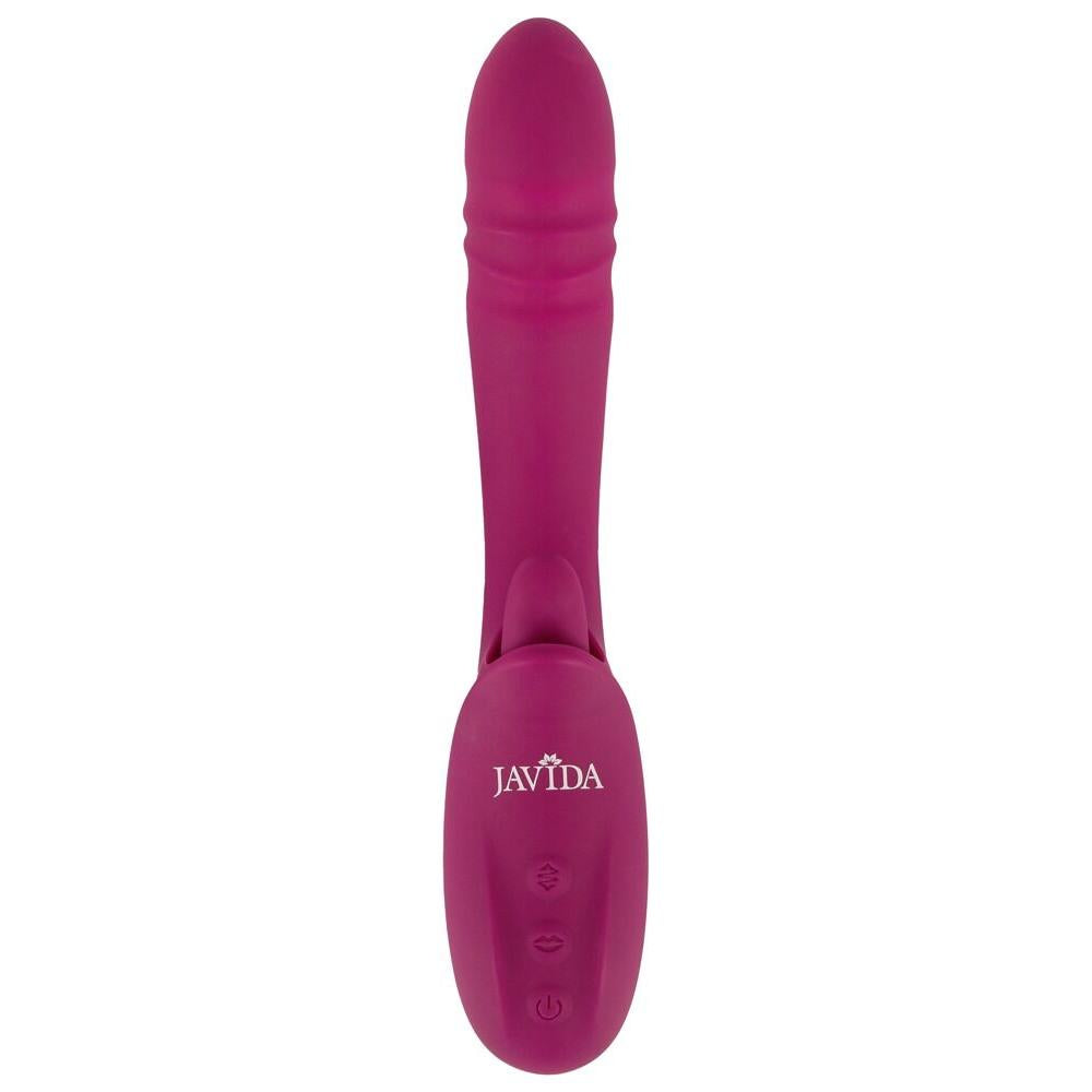 Javida Slikkende Rabbitvibrator i fuchsia silikon med buet skaft, klitoristunge og kontrollknapper.