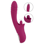 Javida Slikkende Rabbitvibrator i fuchsia silikon med buet skaft, klitoristunge og sølvfarget base.