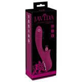 Javida Slikkende Rabbitvibrator med Støtfunksjon i rosa silikon, vist i emballasjen.