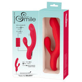 Rød silikon rabbitvibrator med dunkende funksjon og USB-lader, vist i åpen produktemballasje.