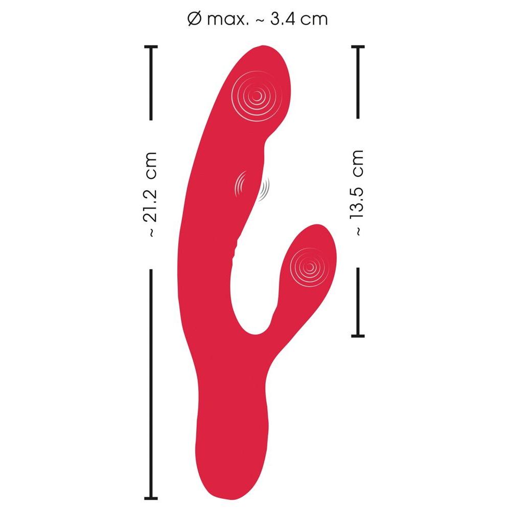 Rød silikon rabbitvibrator med dunkende funksjon, 21.2 cm lang, 3.4 cm diameter, og 13.5 cm klitorisstimulator.