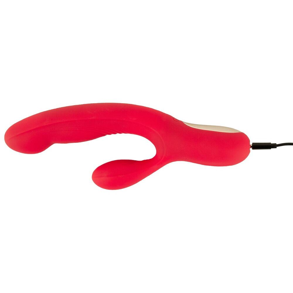 Rød silikon rabbitvibrator med dunkende funksjon, ergonomisk design og gullfarget kontrollpanel.