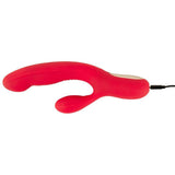 Rød silikon rabbitvibrator med dunkende funksjon, ergonomisk design og gullfarget kontrollpanel.