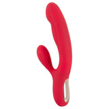 Rød silikon rabbitvibrator med dunkende funksjon, ergonomisk design og sølvfarget base.