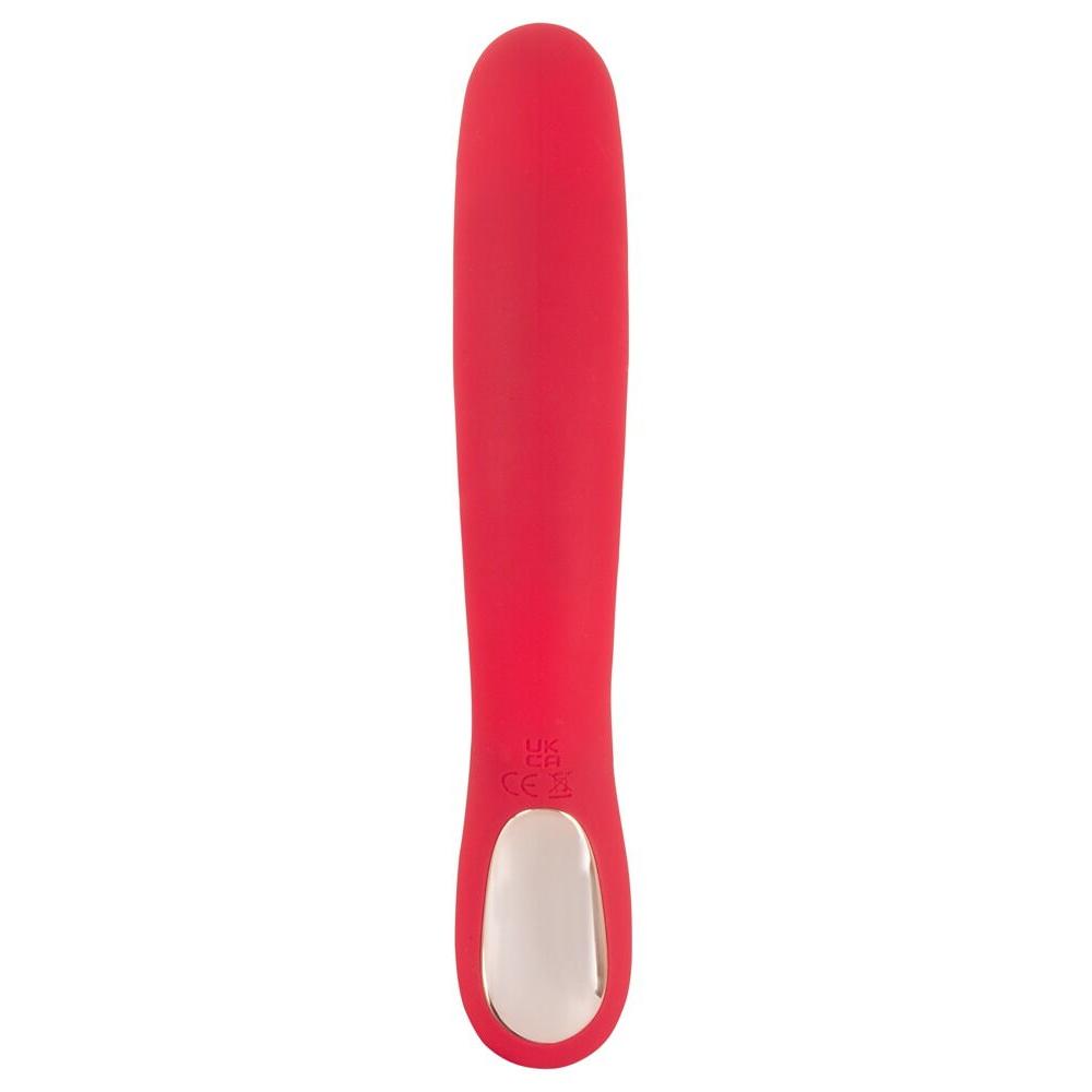 Rød silikon rabbitvibrator med dunkende funksjon og sølvfarget kontrollpanel.