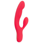 Rød silikon rabbitvibrator med dunkende funksjon og ergonomisk design for G-punkt stimulering.