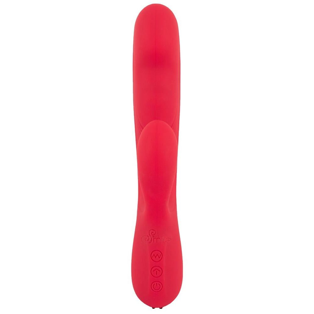 Rød silikon rabbitvibrator med dunkende funksjon, ergonomisk design og kontrollknapper.