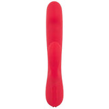 Rød silikon rabbitvibrator med dunkende funksjon, ergonomisk design og kontrollknapper.