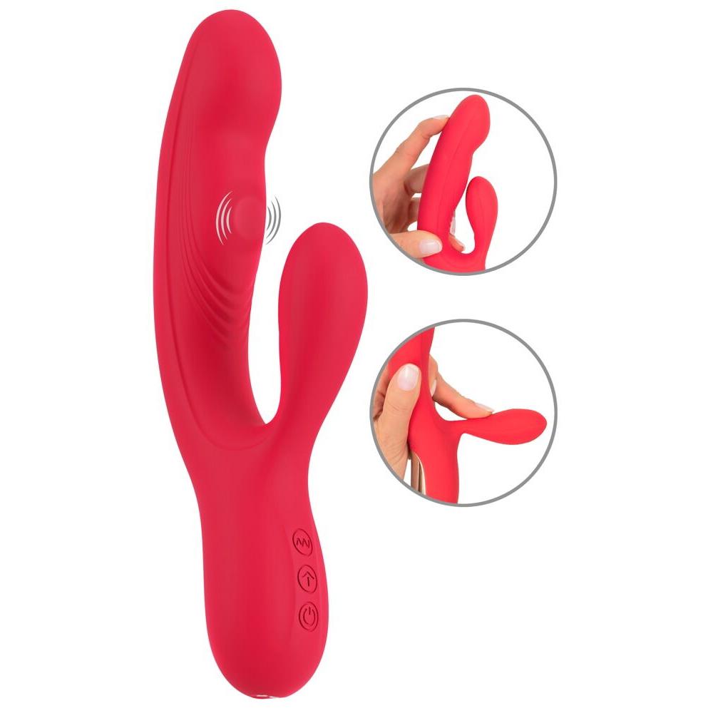 Rød silikon rabbitvibrator med dunkende funksjon, buet design og kontrollknapper.