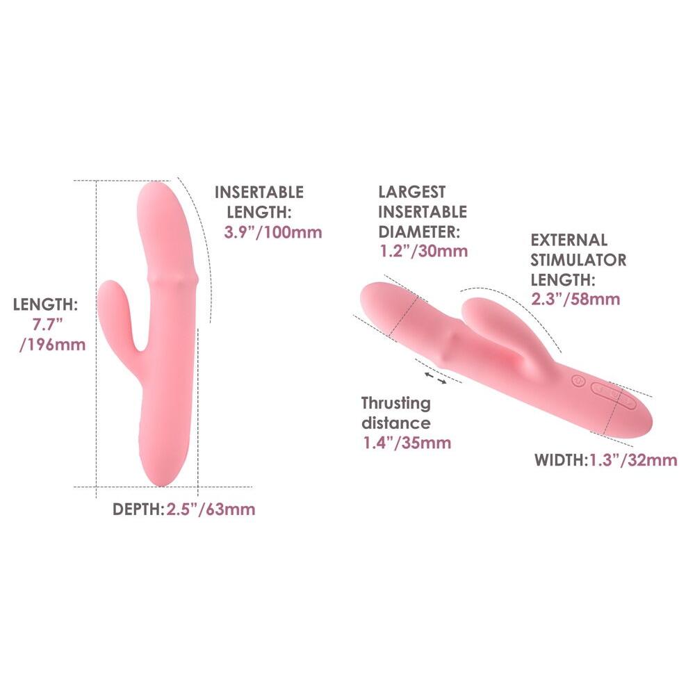 Mora Neo appstyrt rabbitvibrator i rosa silikon med detaljerte dimensjoner for dobbel stimulering.