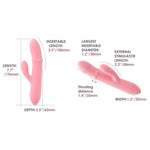 Mora Neo appstyrt rabbitvibrator i rosa silikon med detaljerte dimensjoner for dobbel stimulering.