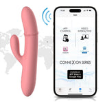 Rosa SVAKOM Mora Neo appstyrt rabbitvibrator i silikon med dobbel stimulering, vist ved siden av en smarttelefon med appkontroll.