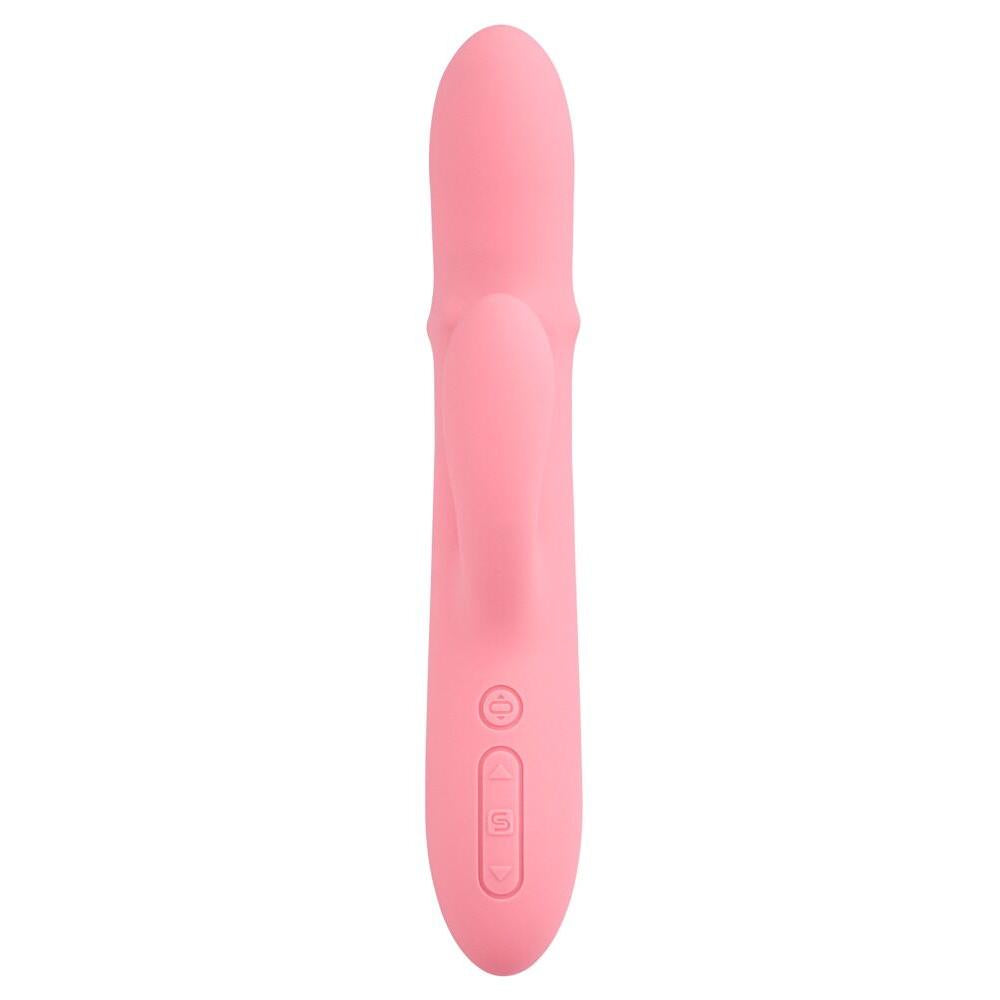 Rosa SVAKOM Mora Neo rabbitvibrator i silikon med buet klitorisstimulator og kontrollknapper.