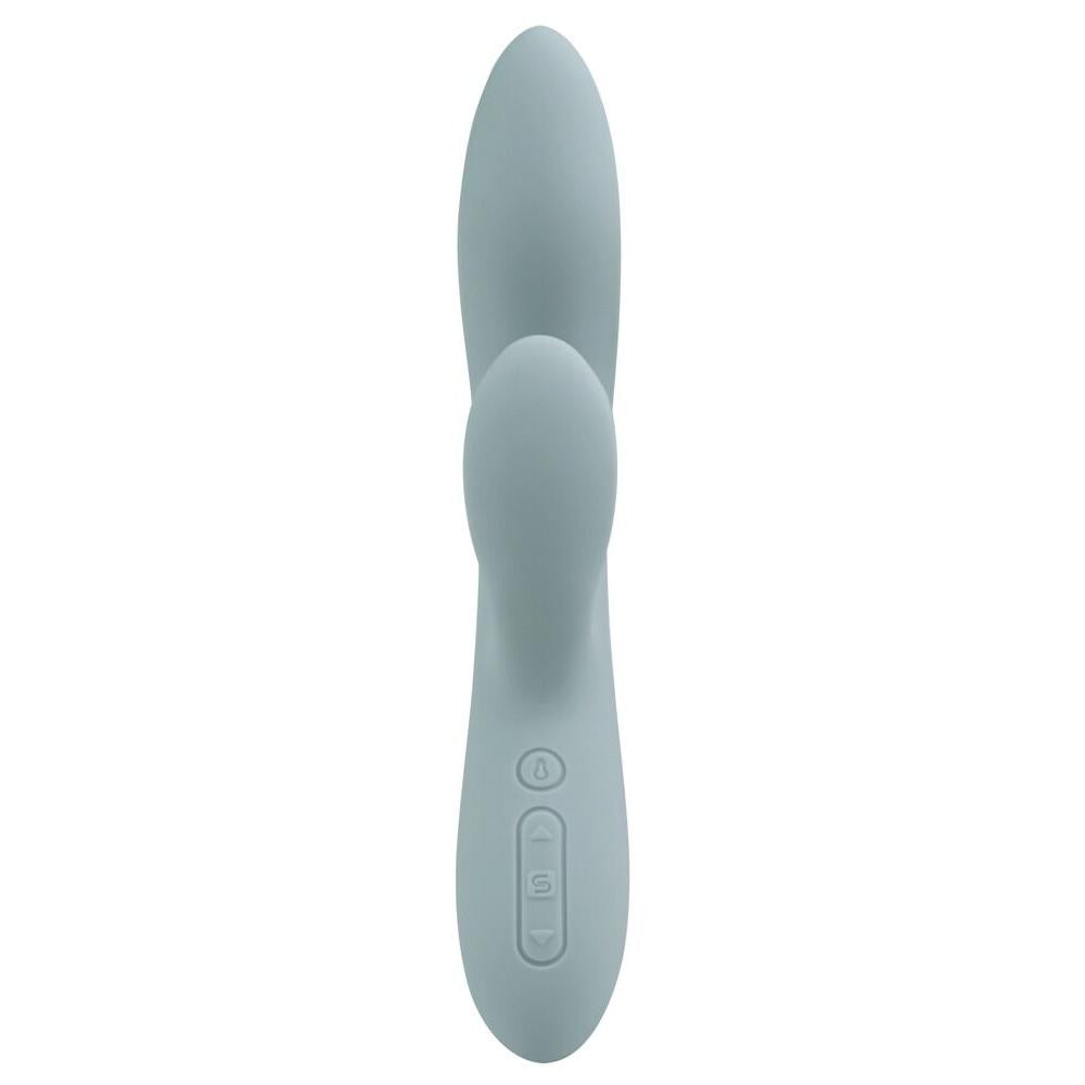 Chika Rabbitvibrator i lyseblå silikon med varme, dual-stimulering og kontrollknapper.