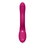 Aimi Rosa Rabbitvibrator i fuchsia silikon med buet G-punkt stimulator og klitorisarm, samt kontrollknapper.