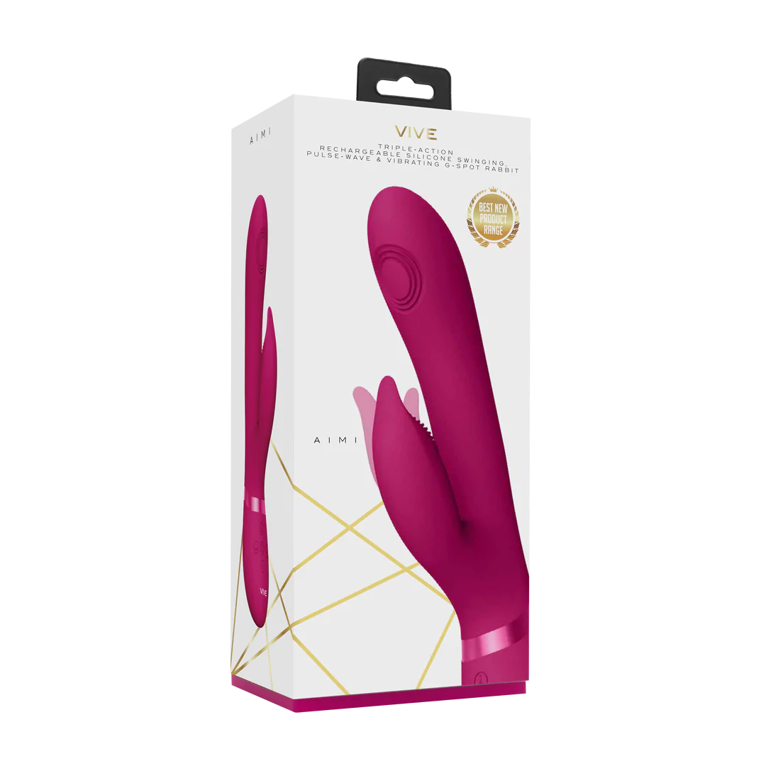 Aimi Rosa Rabbitvibrator i hvit eske med gullaksenter, viser produktet i mørk rosa silikon.