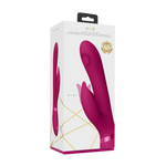 Aimi Rosa Rabbitvibrator i hvit eske med gullaksenter, viser produktet i mørk rosa silikon.