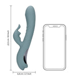 Loveline Rabbitvibrator i matt blågrønn silikon, med fingerlignende stimulator og mål på 22,5 cm.