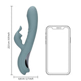 Loveline Rabbitvibrator i matt blågrønn silikon, med fingerlignende stimulator og mål på 22,5 cm.