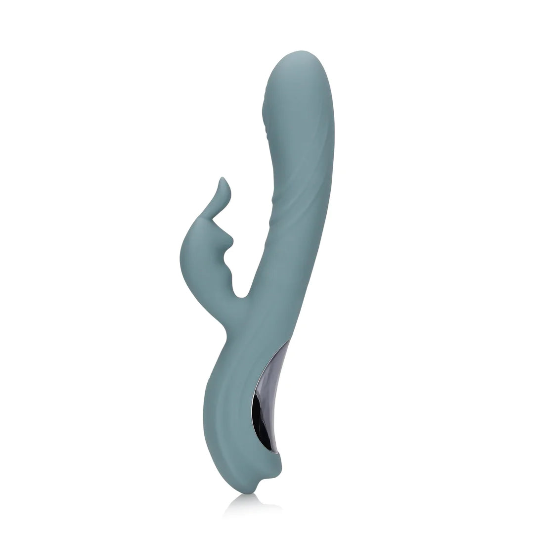 Loveline Rabbitvibrator i matt turkis silikon med fingerlignende stimulator og sølvfarget kontrollpanel.