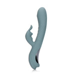 Loveline Rabbitvibrator i matt turkis silikon med fingerlignende stimulator og sølvfarget kontrollpanel.