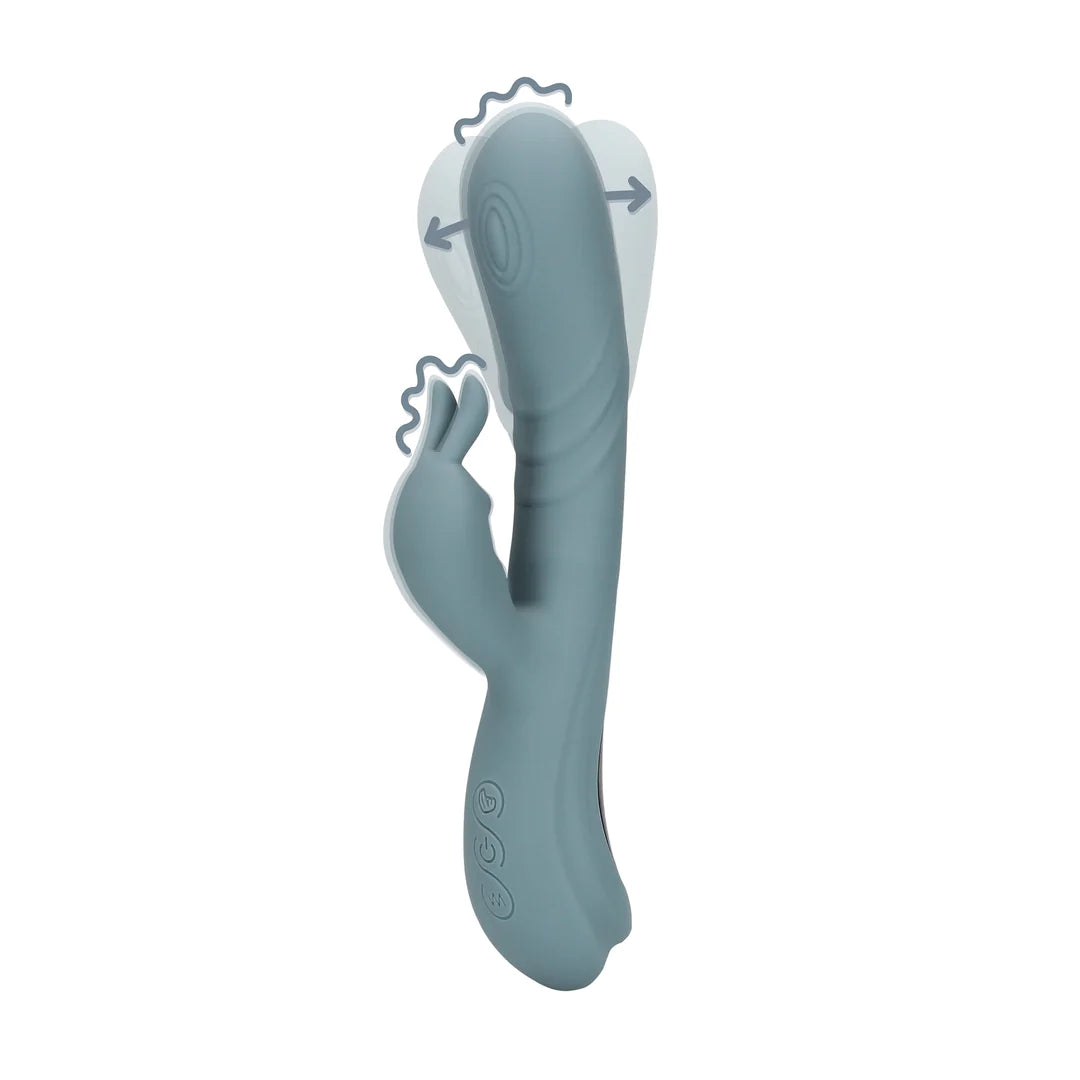Loveline Rabbitvibrator i grå silikon med pulserende fingerbevegelse og kaninører for dobbel stimulering.