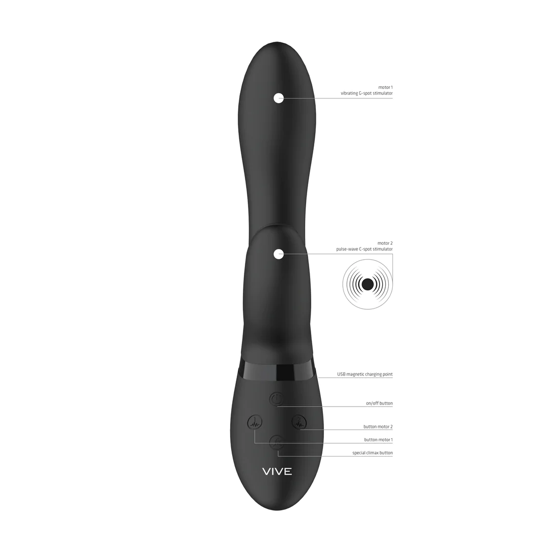 Svart silikon Kyra rabbitvibrator med pulserende klitorisstimulator og G-punkt vibrasjon, VIVE-merket.