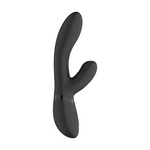 Svart Kyra rabbitvibrator i medisinsk silikon med buet G-punktstimulator og pulserende klitorisstimulator.