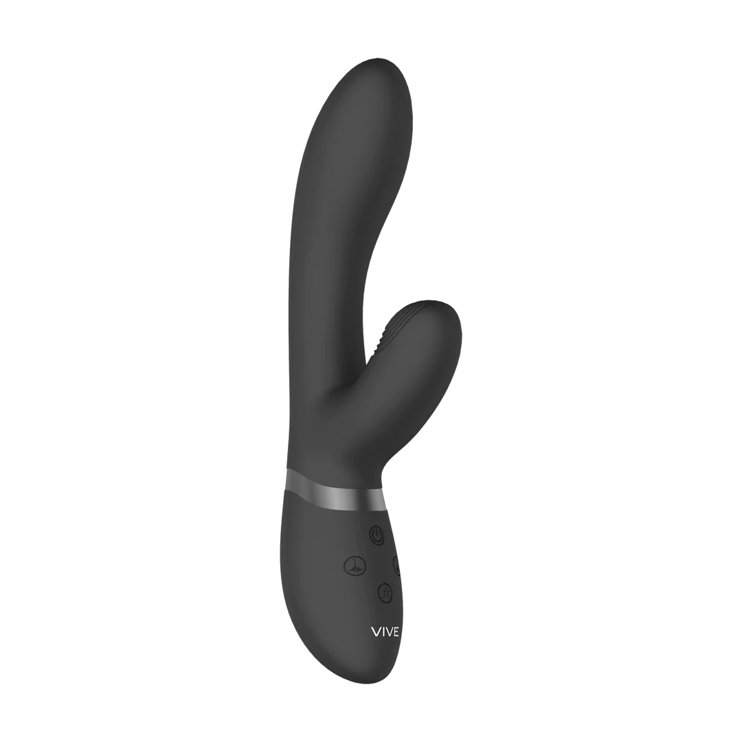 Svart Kyra rabbitvibrator i medisinsk silikon med pulserende klitorisstimulator og kontrollknapper.