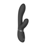 Svart Kyra rabbitvibrator i medisinsk silikon med pulserende klitorisstimulator og kontrollknapper.