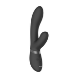 Svart Kyra rabbitvibrator i medisinsk silikon med pulserende klitorisstimulator og kontrollknapper.